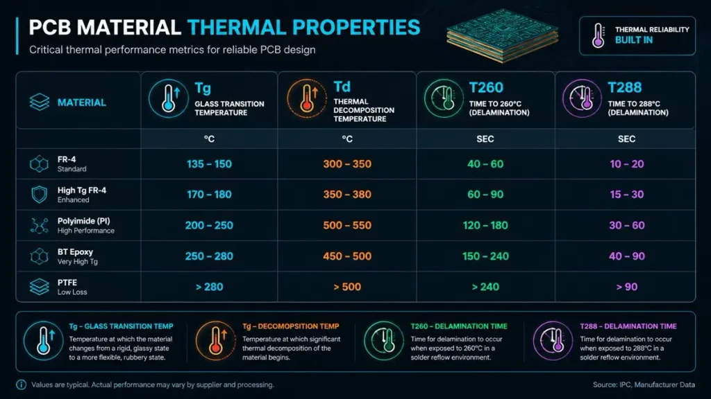 Professional chart comparing PCB material thermal properties including Tg, Td, T260, and T288 across Standard FR-4, High-Tg FR-4, and PTFE materials.
