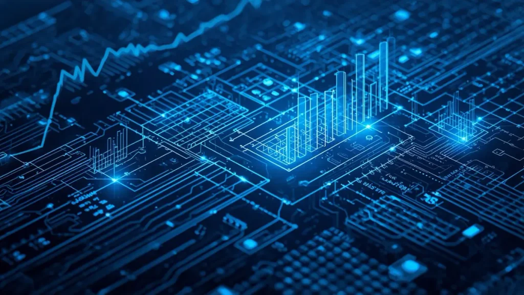 A conceptual business and engineering illustration showing problem-solving, risk management, and quality control in circuit board production with analytical graphs