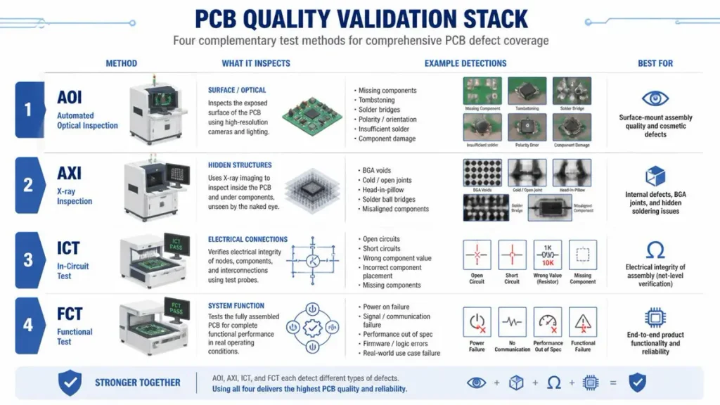 A technical comparison diagram illustrating a four-method PCB quality validation stack, including AOI, X-ray inspection (AXI), ICT, and FCT, detailing their defect-detection scope and examples