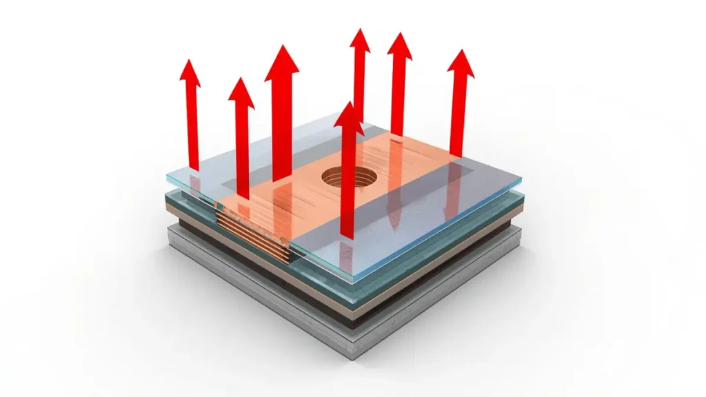 3D CAD cross-section diagram showing PCB Z-axis thermal expansion above Tg with vertical force vectors on multilayer laminate and plated hole.