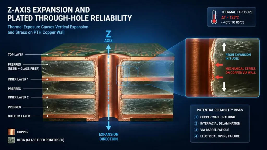 3D technical illustration showing multilayer PCB cross-section under thermal exposure, highlighting Z-axis resin expansion and mechanical stress on plated through-hole copper walls by Shenzhen Hongda Circuit Technology Co., Ltd.