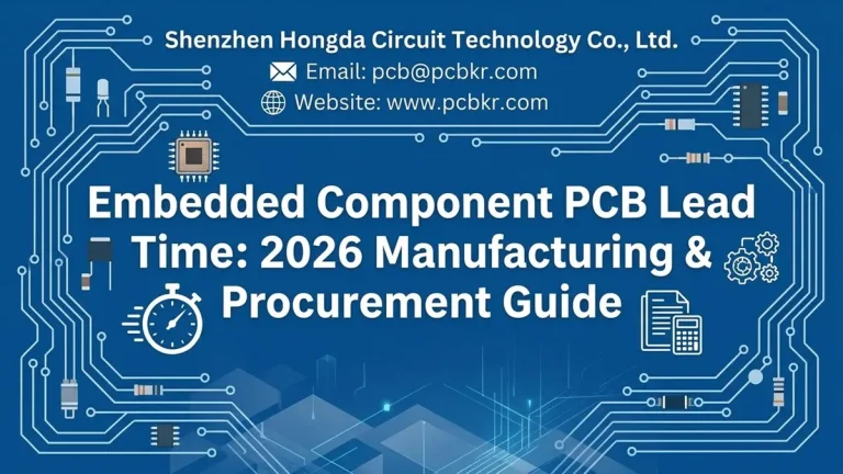 Embedded Component PCB Lead Time Manufacturing & Procurement Guide by Shenzhen Hongda Circuit Technology Co., Ltd. featuring PCB circuit board graphics, components, and contact info pcb@pcbkr.com