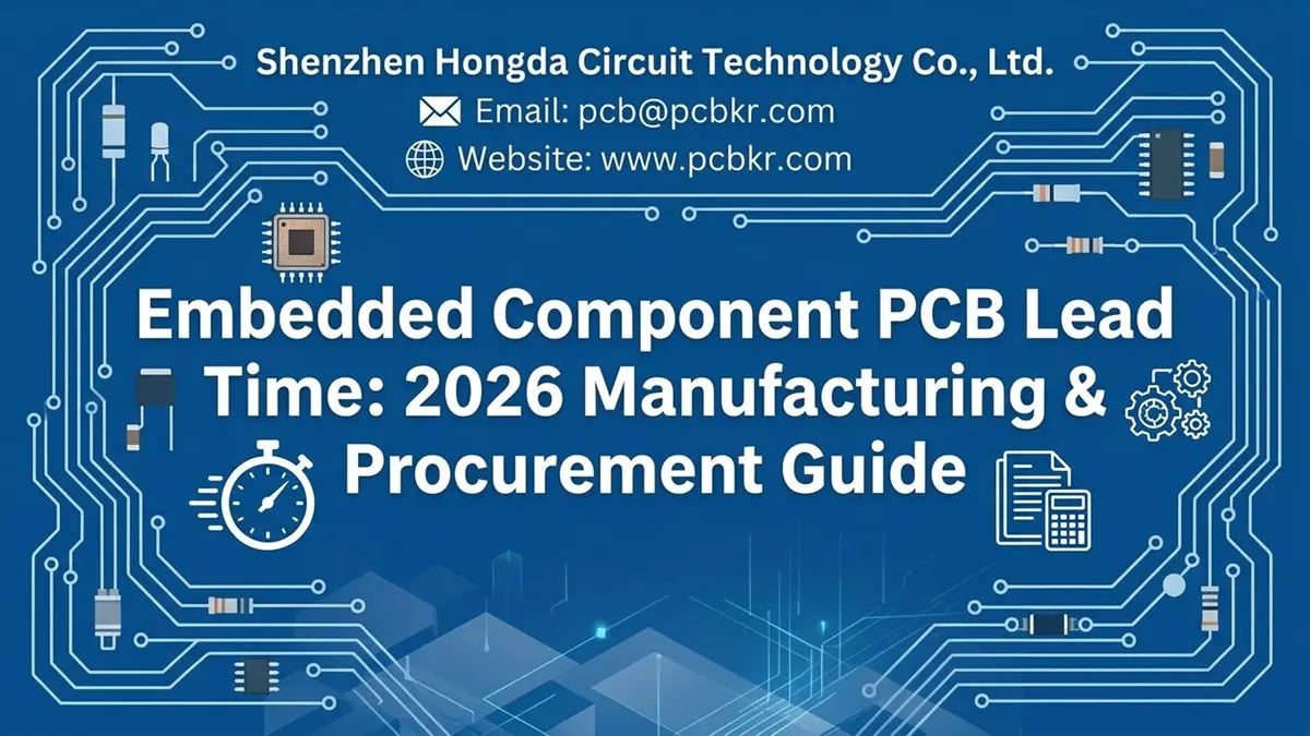 Embedded Component PCB Lead Time Manufacturing & Procurement Guide by Shenzhen Hongda Circuit Technology Co., Ltd. featuring PCB circuit board graphics, components, and contact info pcb@pcbkr.com