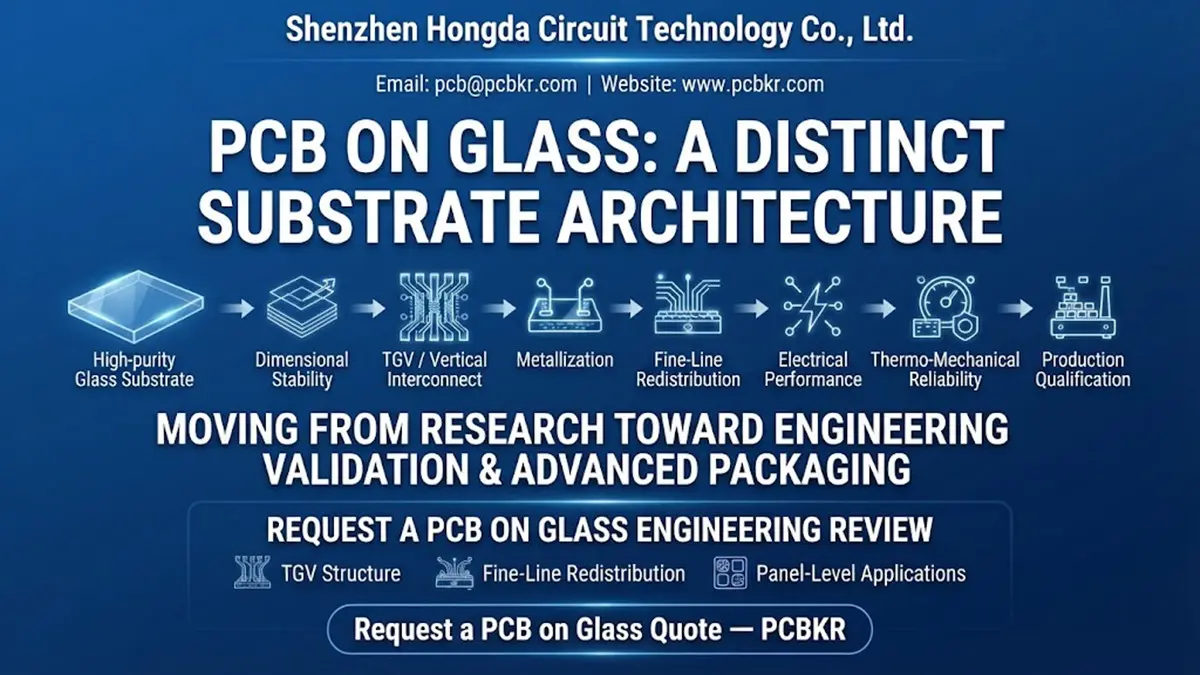 Infographic detailing the pcb on glass engineering chain, from substrate to production qualification, by Shenzhen Hongda Circuit Technology