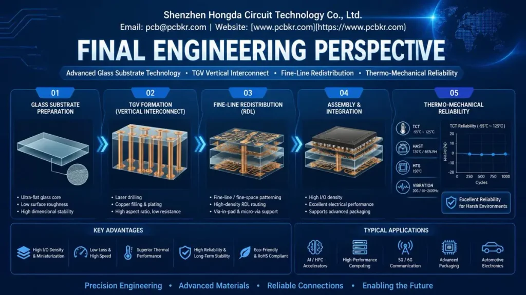Infographic of PCB on glass final engineering perspective showing glass substrate preparation, TGV vertical interconnect, fine-line redistribution, and thermo-mechanical reliability by Shenzhen Hongda Circuit Technology.