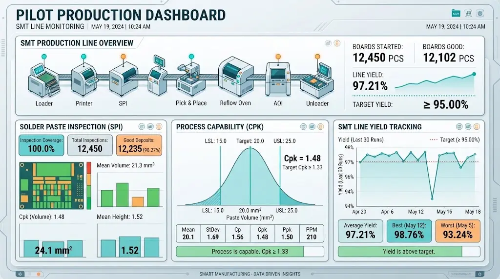 Shenzhen Hongda Circuit Technology showing SMT line monitoring, solder paste inspection (SPI) data, Cpk process capability curves, and yield tracking charts