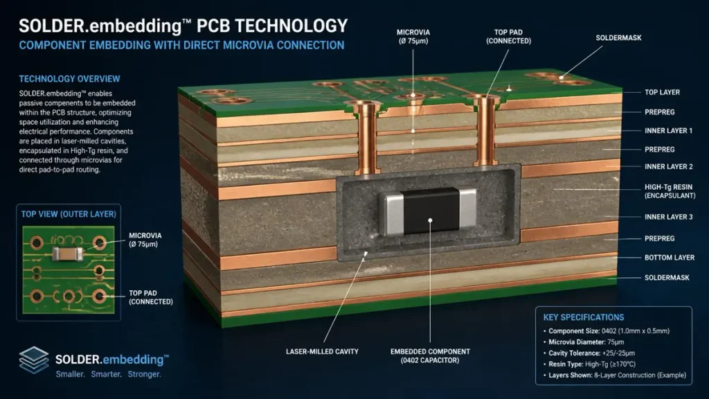 3D cross-section diagram of SOLDER.embedding PCB technology showing a 0402 capacitor embedded in a laser-milled cavity filled with high-Tg resin and connected by 75um microvias