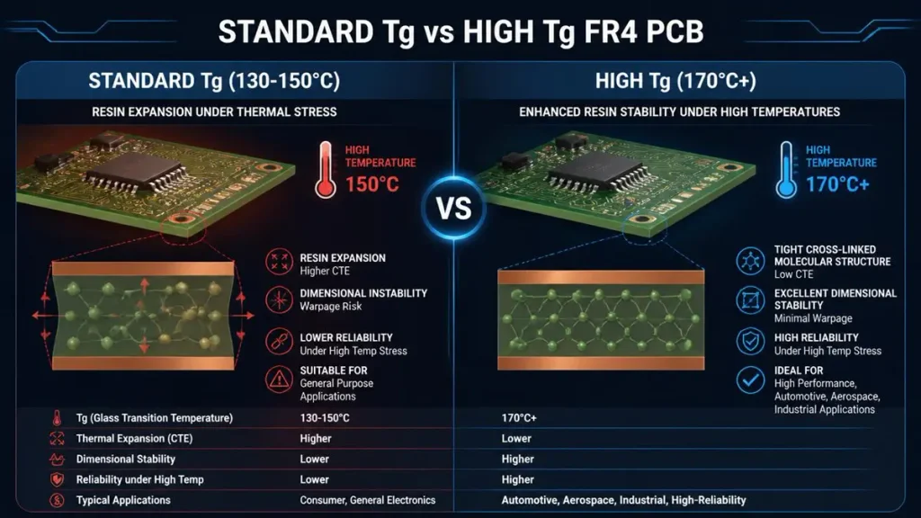 Standard Tg vs High Tg FR4 PCB technical comparison infographic showing resin expansion, CTE, and thermal stability differences by Shenzhen Hongda Circuit Technology Co., Ltd.