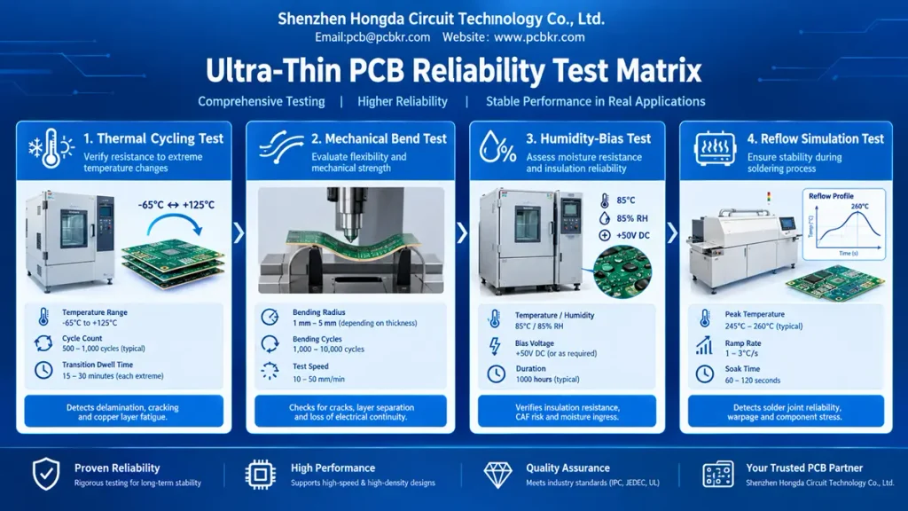 Professional flowchart infographic depicting an ultra-thin PCB reliability test matrix including thermal cycling, mechanical bend, humidity-bias, and reflow simulation tests by Shenzhen Hongda Circuit