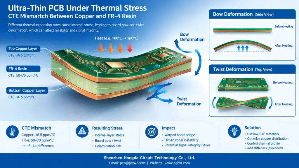 Technical engineering diagram illustrating ultra-thin PCB bow and twist deformation caused by CTE mismatch between copper and FR-4 resin under thermal stress, provided by Shenzhen Hongda Circuit