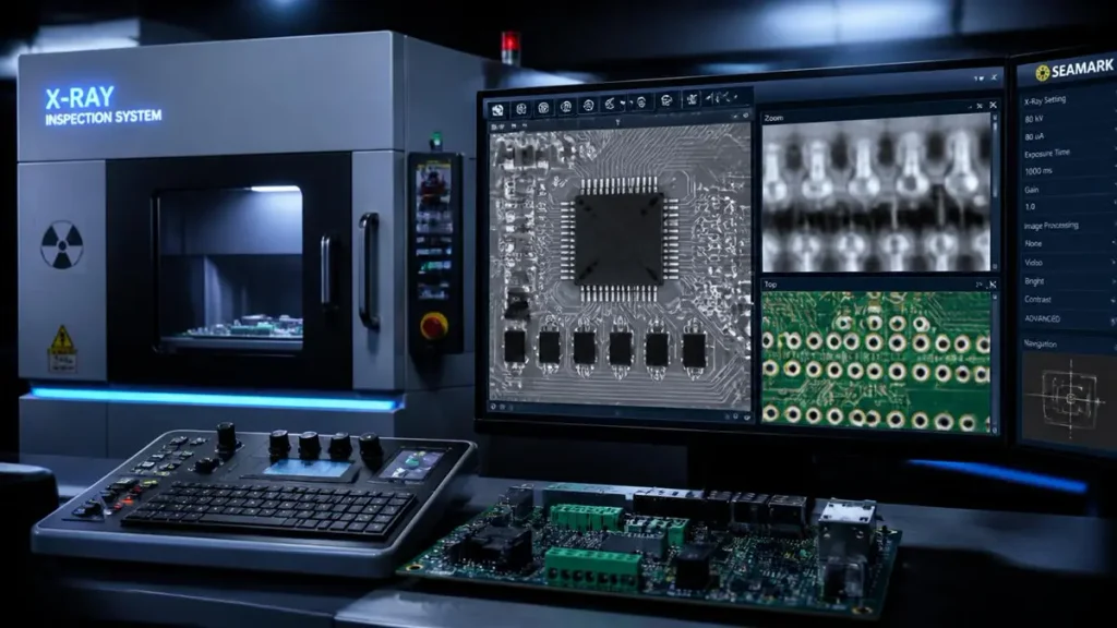 X-Ray inspection system analyzing solder joints and internal vias on a 6 layer industrial control PCB